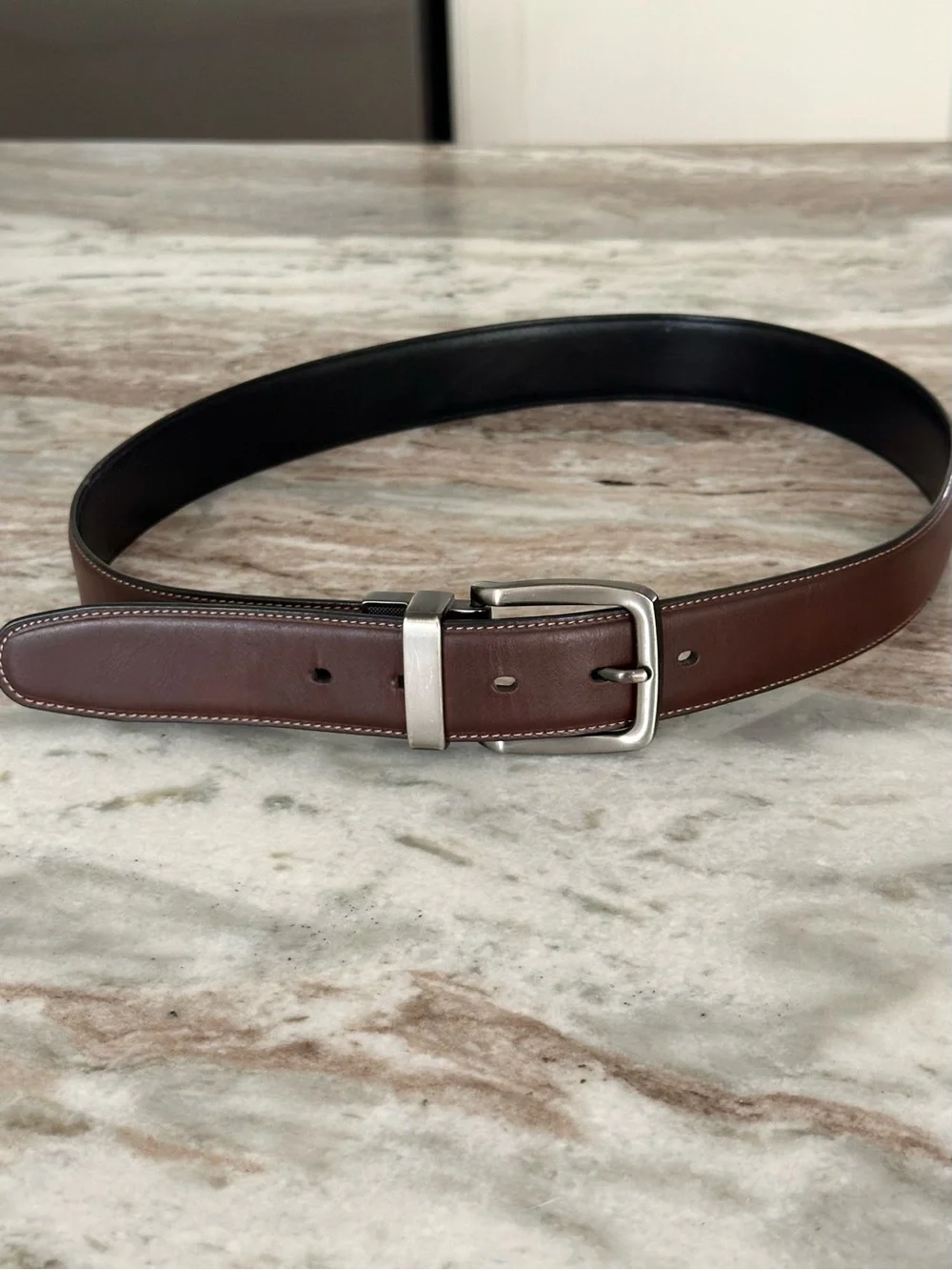 Brown Bonded Leather Belt with Silver Buckle